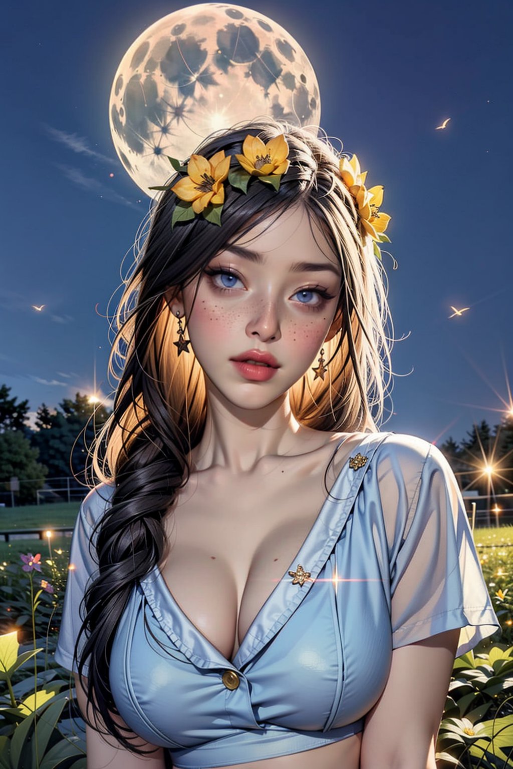 1girl, flower, solo, freckles, blue_eyes, looking_at_viewer, moon, long_hair, night, braid, hair_flower, light_particles, shirt, head_wreath, brown_hair, full_moon, blue_flower, purple_flower, lips, twin_braids, upper_body, hair_ornament, white_shirt, eyelashes, moonlight, makeup, red_lips, glowing, yellow_flower, night_sky, backlighting, sky, closed_mouth, field, outdoors, sparkle, expressionless, grass, flower_field, star_(sky), collarbone, buttons, lipstick, leaf, fireflies, nose