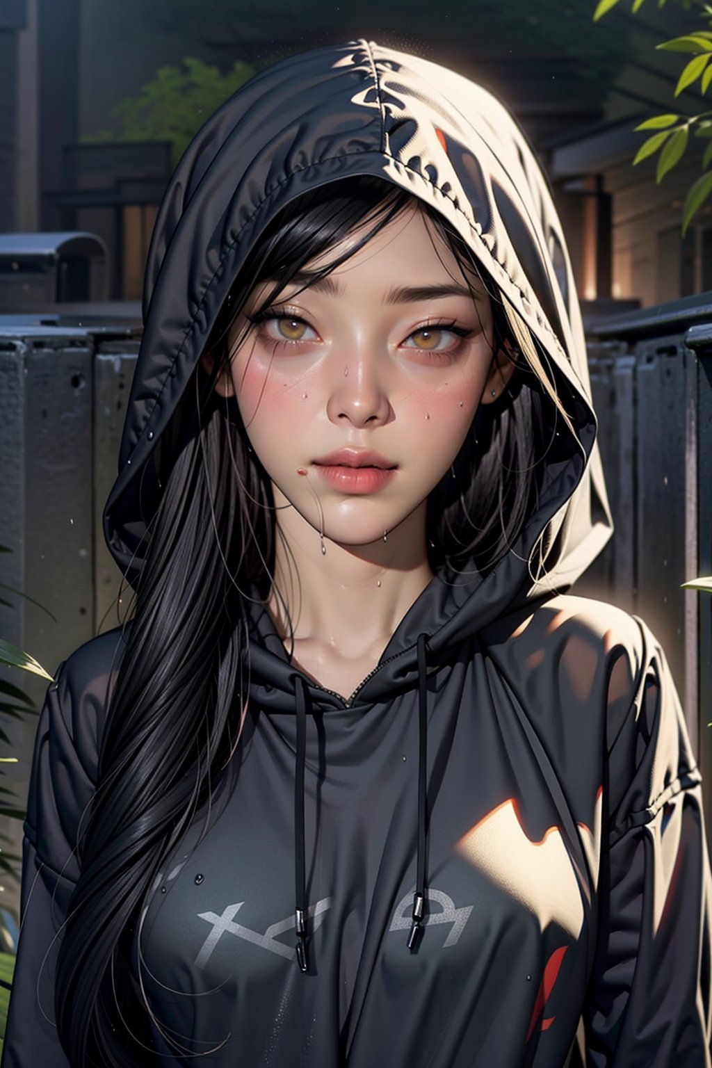 1girl, solo, rain, black_hair, yellow_eyes, hood, long_hair, looking_at_viewer, hood_up, upper_body, lips, wet, wet_hair, closed_mouth