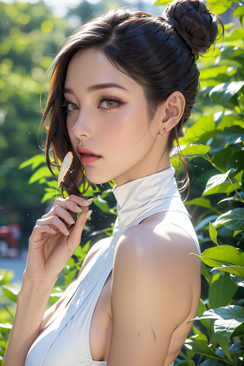 1 girl, solo, blur, leaves, looking at viewer, blurred background, depth of field, red lips, lips, black hair, food, makeup, bun, in glass, single bun, closed mouth, realistic, bare shoulders, brown hair, plants, daytime, nose, sunlight, water drops