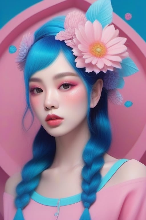 there is a woman with a pink and blue make up and a pink flower on her head, beeple and jeremiah ketner, highly detailed digital artwork, ultra detailed painting, artgerm julie bell beeple, highly detailed digital painting, over detailed art, detailed painting 4 k, digital painting highly detailed, very detailed digital painting

