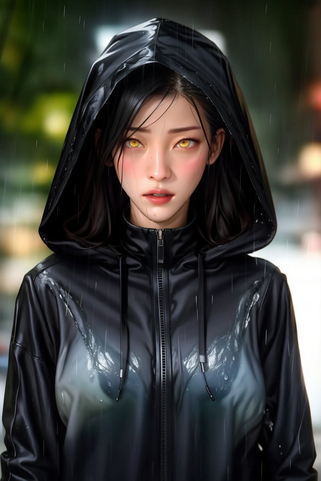 1girl, solo, rain, black_hair, yellow_eyes, hood, long_hair, looking_at_viewer, hood_up, upper_body, lips, wet, wet_hair, closed_mouth