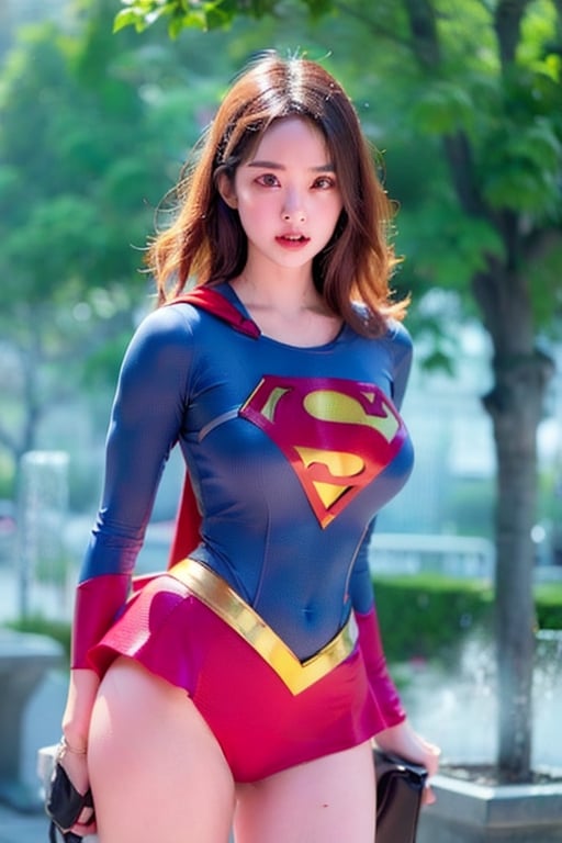1girl in, Beautiful girl of half Thai-Japanese descent,Blonde Hair,(Supergirl suit), Superman logo, dark hair, Slim body,big nipple,FULL SHOT, standing pose, looking at the audience,(Morning glow), foggy,detailed background,real light、drawing、master-piece、reallistic、Realism、photorealisim、high contrast 8k HD high-resและdetaildสมจริง, detaild, skin texture, detaildพิเศษ, hyper-realistic texture, armature, high-res, (real light:1.4),, high-res, detaild, raw picture, sharp re, Nikon D850 film stock photo by Lee Jefferies 4 Kodak Portra 400 F1 camera.6 color lenses, brightly colored, hyper-realistic texture. Incredible lighting, Unreal engine, Trends of artstation synestil 800,