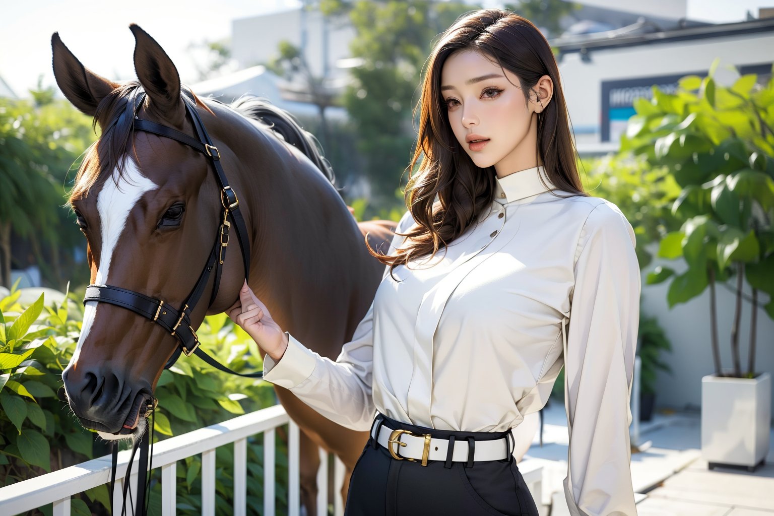 1girl, pants, shirt, outdoors, long_hair, white_shirt, solo, brown_hair, realistic, blurry, blurry_background, horse, black_pants, animal, long_sleeves, day, belt, lips, holding, brown_eyes