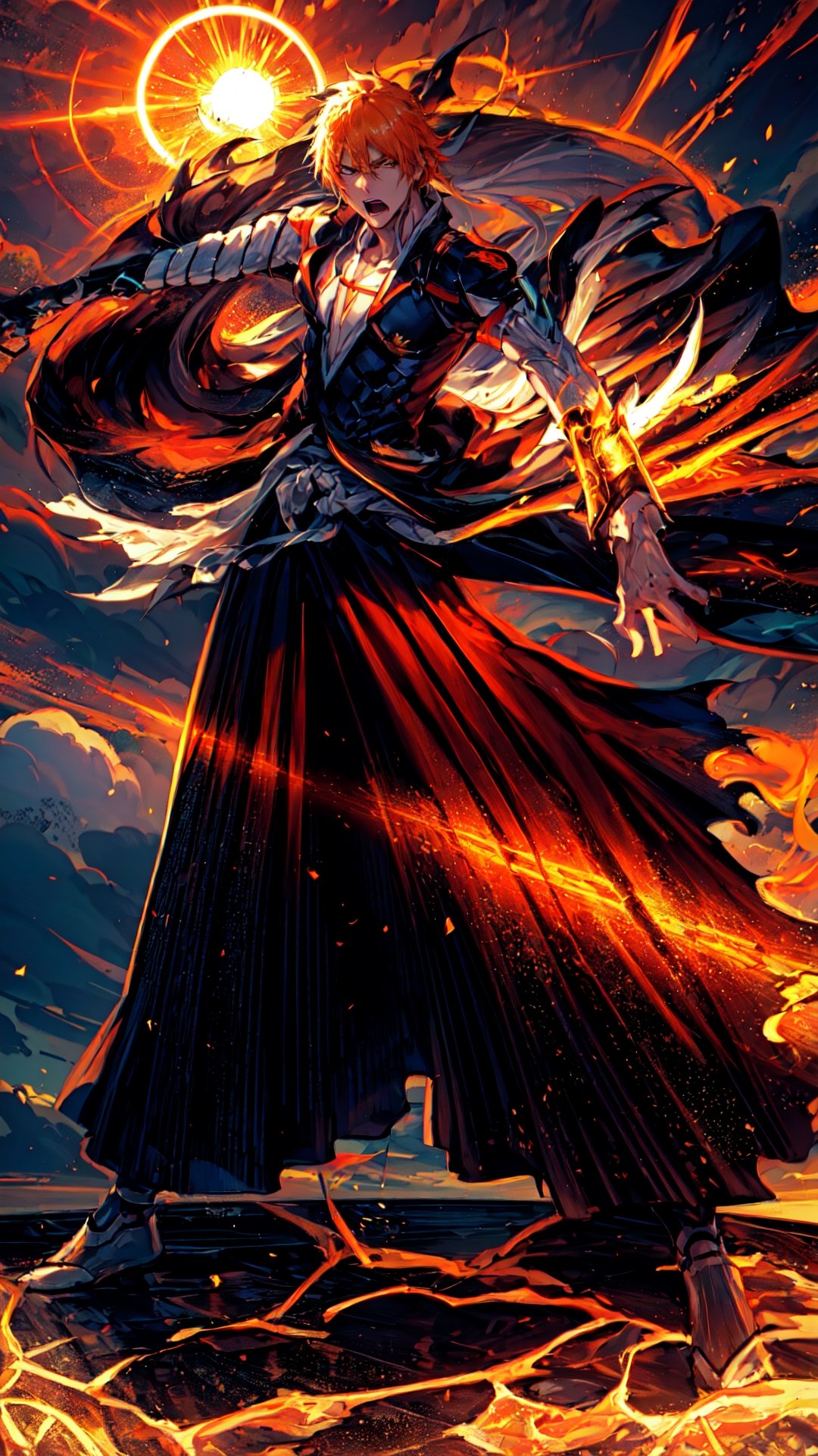 Iconic Hairstyle, Vibrant Spikes of Energetic Orange, A dynamic representation of Ichigo Kurosaki's rebellious essence. Craft with vivid metaphors and lively verbs.

Environment: Ethereal Realm, Spirited energy interwoven with supernatural landscapes, Fusion of vibrant oranges and mystical blues.

Mood: Dynamic Rebellion, Energetic Determination, The unstoppable spirit of a hero facing challenges head-on.

Atmosphere: Spirited, Charged with dynamic energy, A clash of vibrant colors symbolizing inner strength.

Lighting: Luminous Oranges, Shadows in energetic dance, Global illumination enhancing the vibrancy, Casting a heroic aura. 