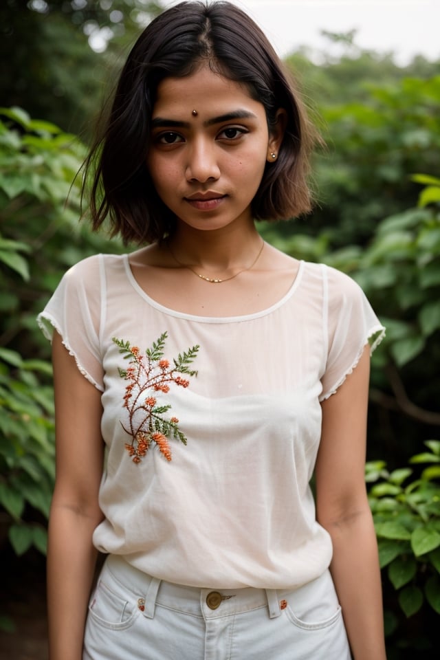 RAW photo, a portrait photo of Indian women, Warty Wear transparent Embroidered Cotton Top natural skin, short hairstyles, 8k uhd, high quality, film grain, Fujifilm XT3