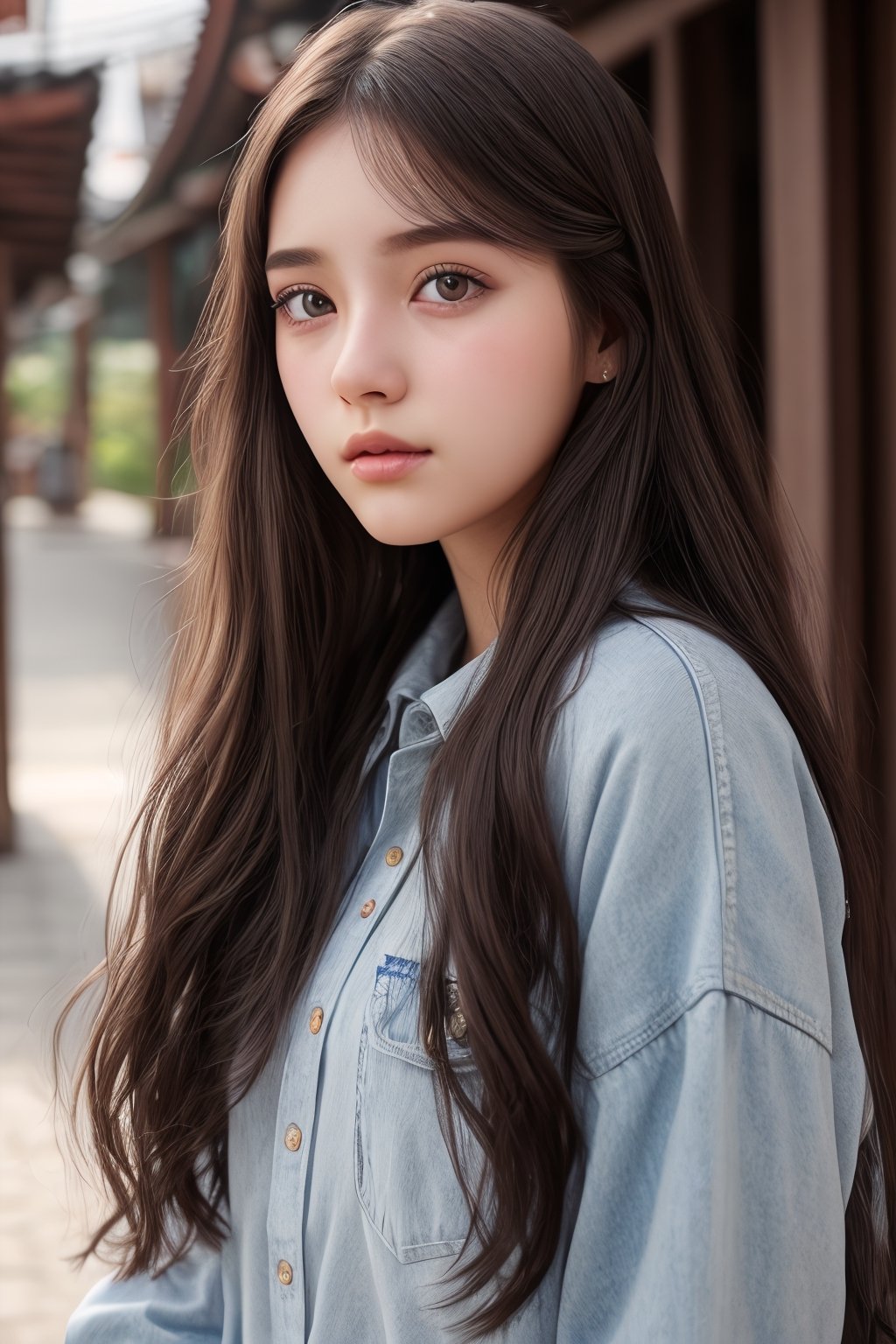 A 17 year girl, casual clothes, long hairs, detailed eyes, detailed face, detailed nose, detailed hairs, place south Korea,