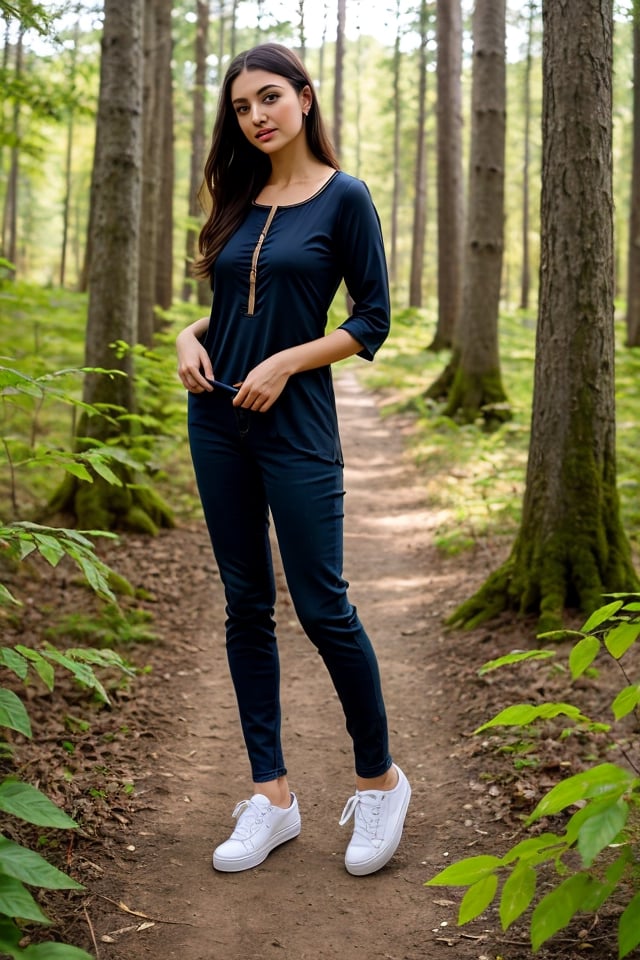 Standing in forest, Russian women, wearing black kurti, denim pants, white sneaker, open long hair, real life, realistic, real, detailed face, 