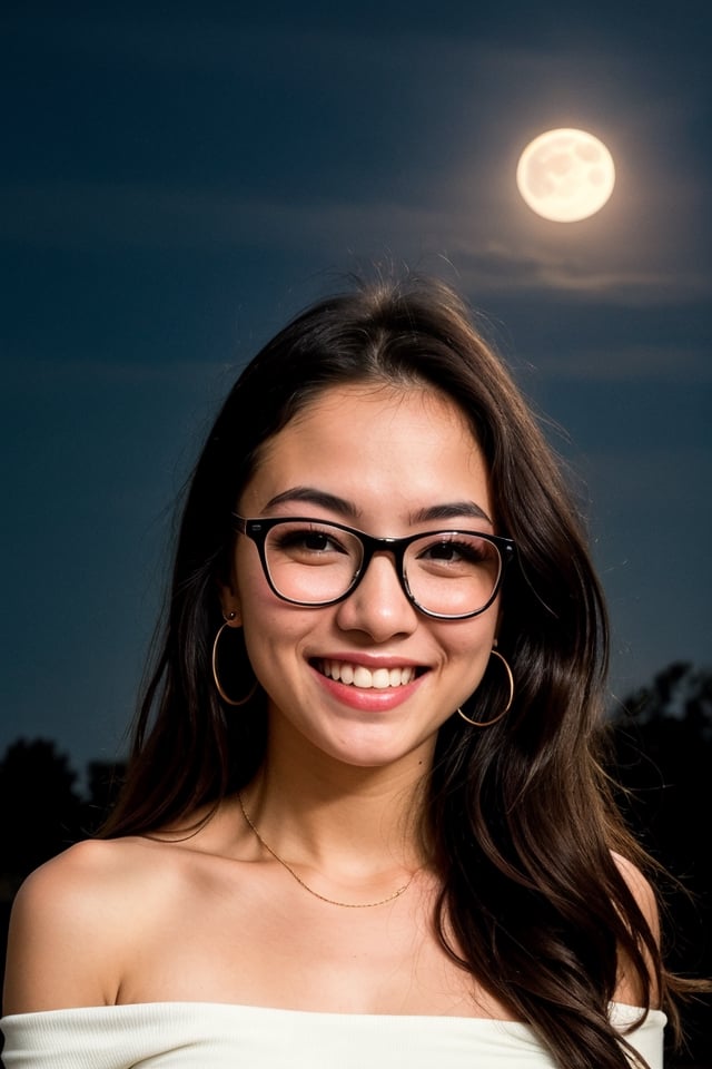 masterpiece, best quality, photorealistic, raw photo, 1girl, glasses, long hair, red top, light smile, detailed skin, pore, off_shoulder, night background, bright full moon, bright stars in the sky,