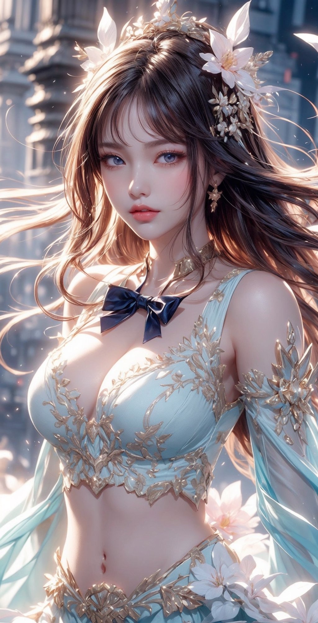 (((masterpiece))),best quality, illustration,(beautiful detailed girl),beautiful detailed glow,detailed ice,beautiful detailed water,(beautiful detailed eyes),expressionless,(floating palaces),azure hair,disheveled hair,long bangs, hairs between eyes,(skyblue dress),black ribbon,white bowties,midriff,{{{half closed eyes}}},big forhead,blank stare,flower,large top sleeves