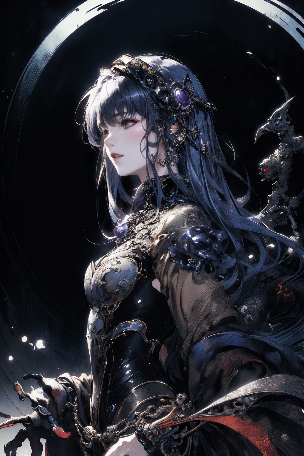 8k, (absurdres, highres, ultra detailed), (1lady), (the personification of gothic ghost), (Luis Royo), (Yoshitaka Amano), (dynamic angle, dynamic pose), (low angle, upper body), (steampunk background), amethyst, emerald, ruby, diamond