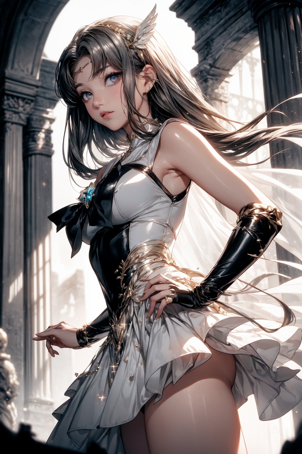 In a majestic black and white entanglement of ancient ruins, Sailor Moon stands as a bride-goddess, her shimmering silver and crystal attire glistening in the moonlight. Her long hair flows like a river of silk, with delicate strands framing her face. A dragon's head rises from the rubble, its scales glinting like precious jewels. The high-contrast image is rendered in hyper-quality detail, with intricate textures and subtle shading that draws the viewer in.