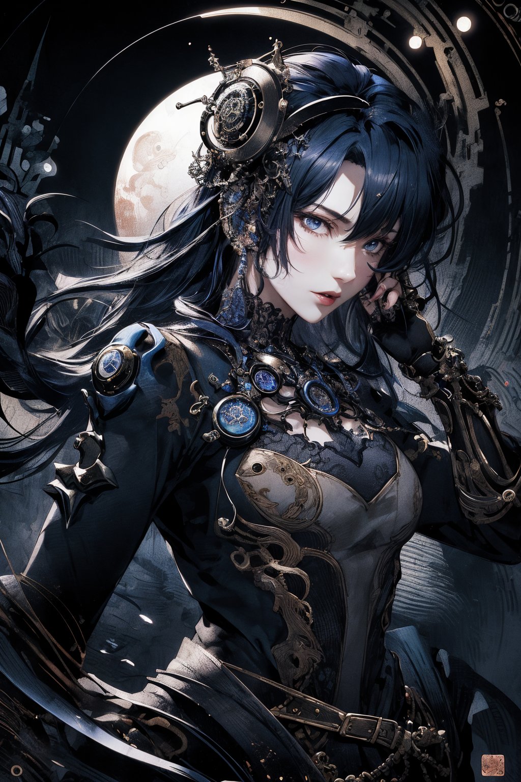 8k, (absurdres, highres, ultra detailed), (1lady), (the personification of gothic ghost), (Luis Royo), (Yoshitaka Amano), (dynamic angle, dynamic pose), (low angle, upper body), (steampunk background),