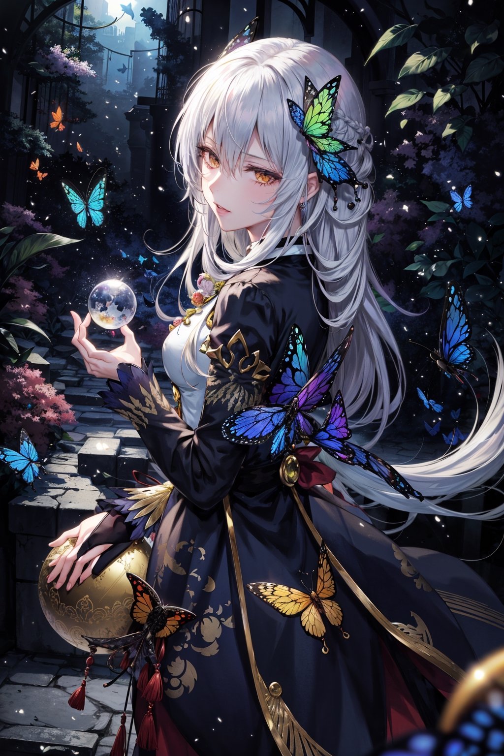 8k, (absurdres, highres, ultra detailed), a woman with long hair holding a crystal ball in her hands and surrounded by butterflies and butterflies around her, Anna Dittmann, anime art, a detailed painting, gothic art, animal, bee, beetle, bird, blue_butterfly, blue_dress, bug, butterfly, butterfly_hair_ornament, butterfly_on_hand, butterfly_print, butterfly_wings, crystal, dragonfly, dress, fairy, glowing_butterfly, hair_between_eyes, hair_ornament, kashiwazaki_sena, leaf, long_hair, long_sleeves, looking_at_animal, looking_at_viewer, origami, own_hands_together, paper_crane, solo, white_butterfly, yellow_butterfly