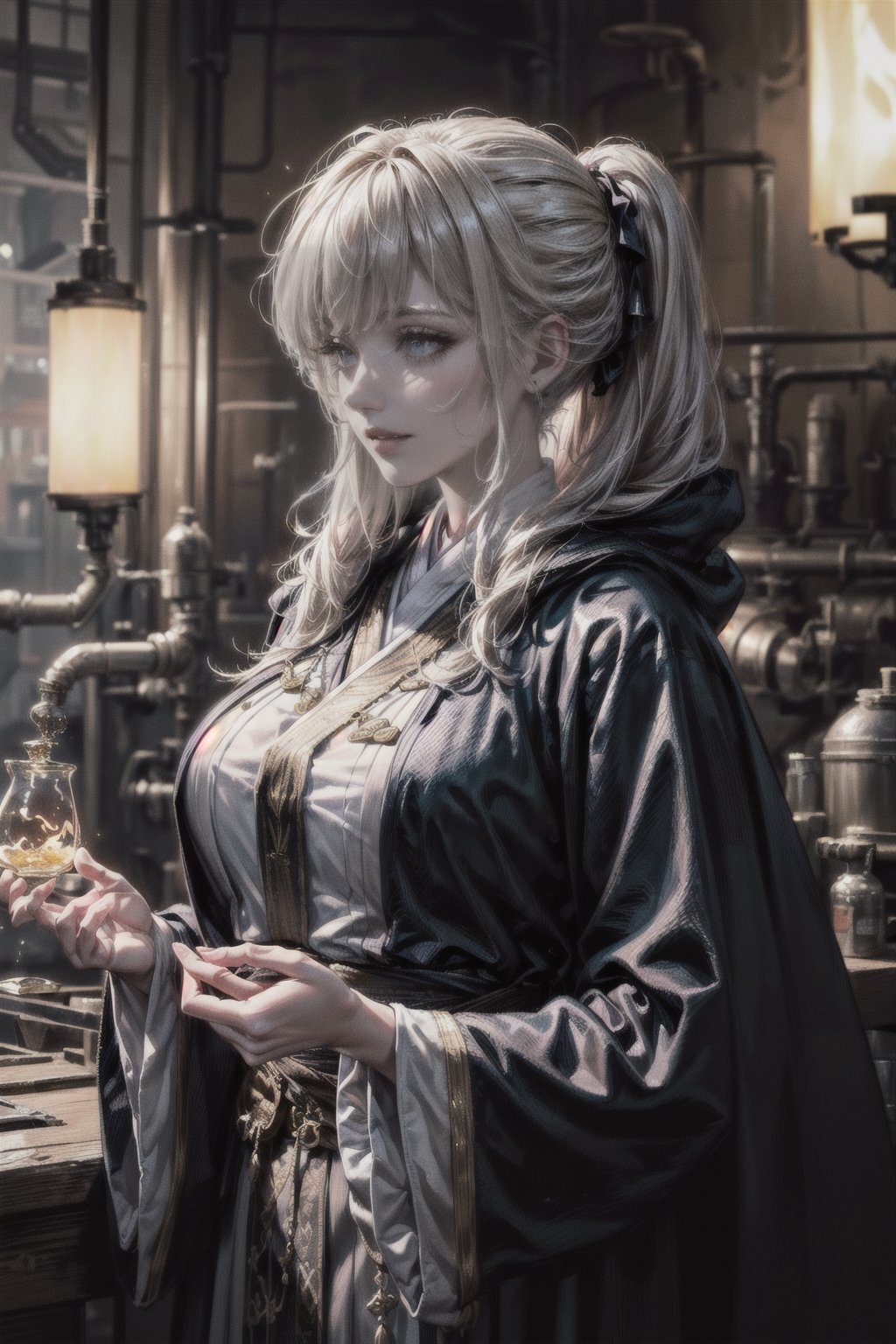 official art, unity 8k wallpaper, extremely detailed, beautiful and aesthetic, masterpiece, ultra quality, 1 woman solo,
(((alchemist, wearing thick robe, silky uniform, looking away, ironically smile, upper_body shot, dark factory, luminous experiment)))