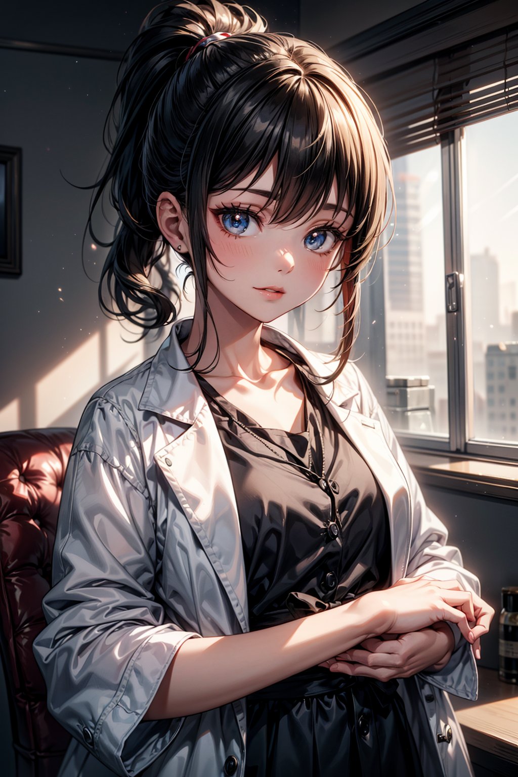 Render a masterpiece of a 16-year-old girl with a ponytail hairstyle, wearing a white shirt under a female doctor's coat, gazing directly at the viewer with a subtle 0.4 slight smile. The face is highly detailed, with perfect shiny skin and intricate eye features. Perfect lighting casts dramatic shadows, achieved through advanced ray tracing techniques. The upper body is in sharp focus, showcasing the subject's youthful charm.,anime