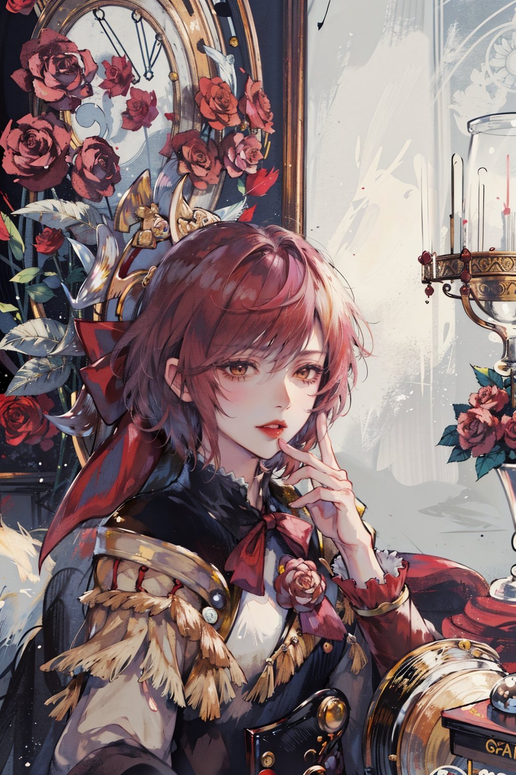 8k, (absurdres, highres, ultra detailed), 1girl, bangs, bat_wings, flower, hair_ornament, holding, holding_flower, lips, long_sleeves, looking_at_viewer, parted_lips, red_flower, red_lips, red_rose, ribbon, rose, sash, short_hair, solo, upper_body, wings, with a red background and a gold frame, Ayami Kojima, beautiful detailed, a detailed painting, rococo