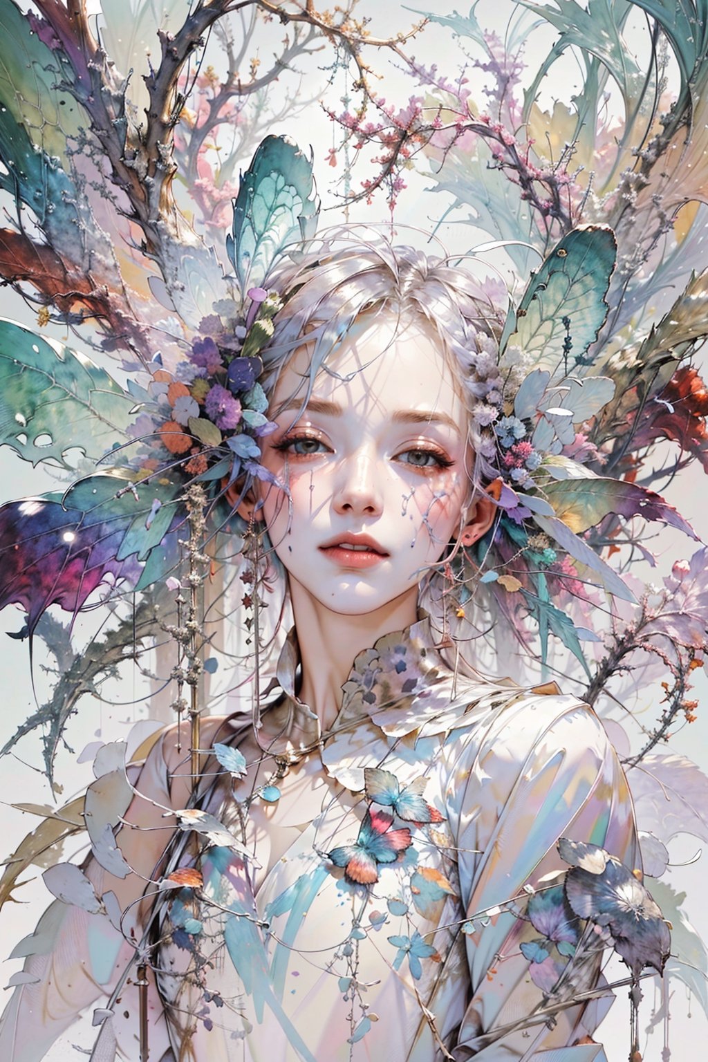 8k, (absurdres, highres, ultra detailed),1LADY. light blue butterfly (transparent, luminous), different world letters, pastel colors, fantasy world, Art Nouveau, Alphonse Mucha