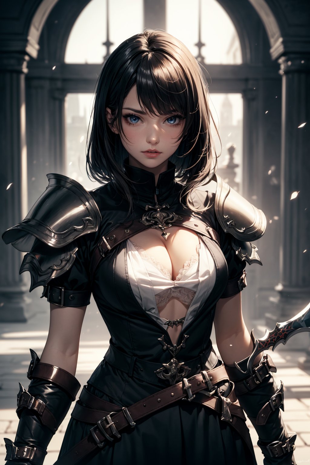 (masterpiece, best quality, 1lady, solo), (((fighting stance))), detailed eyes, (sword, armor, shield), battle soldieress, detailed dark fantasy, ((medium_large chest, shiny white skin, looking_dowm, sadistic_face, full_body:1.5)), blackhair, short_hair, black_eyes, midnight dark fog, perfecteyes,1 girl,