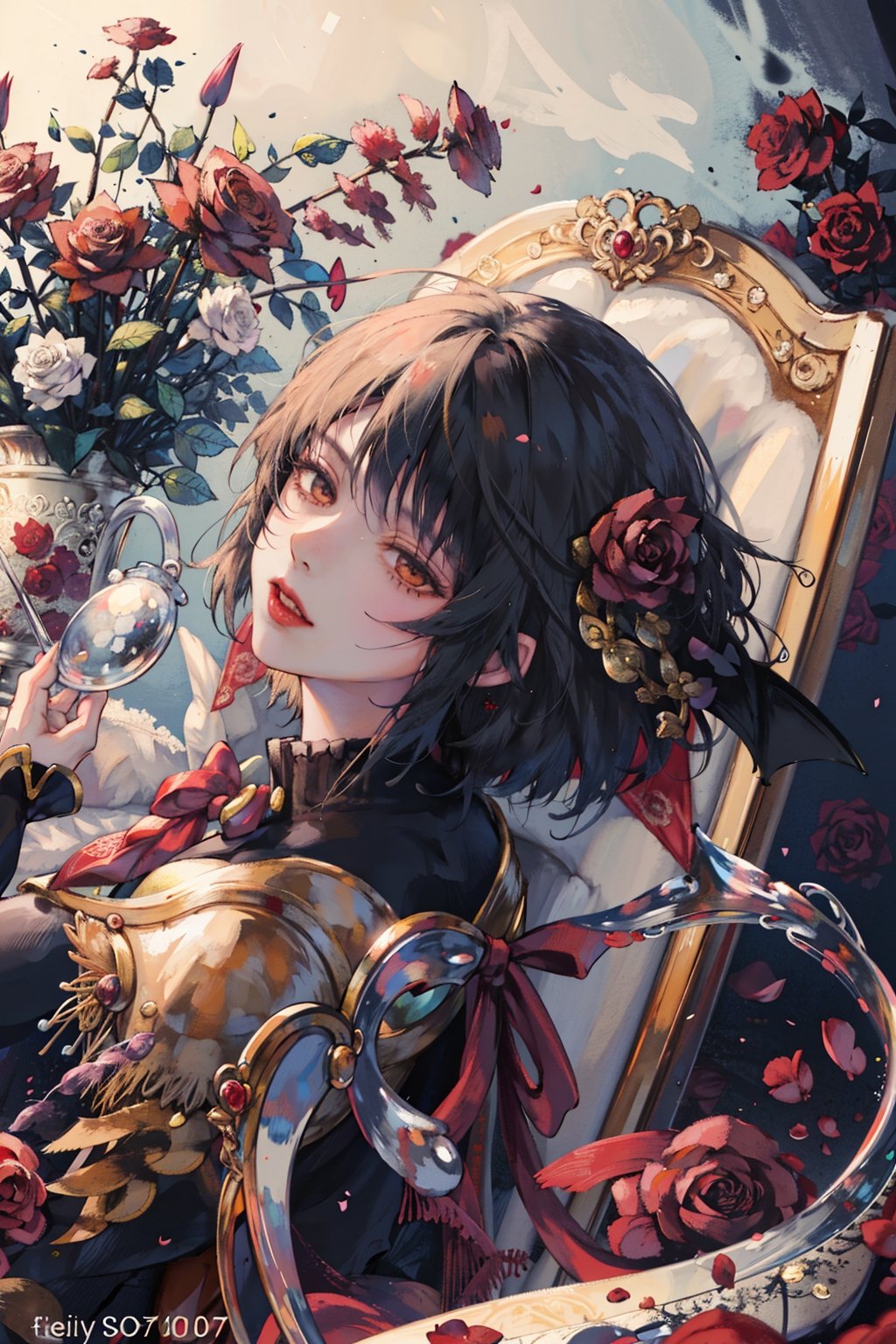 8k, (absurdres, highres, ultra detailed), 1girl, bangs, bat_wings, flower, hair_ornament, holding, holding_flower, lips, long_sleeves, looking_at_viewer, parted_lips, red_flower, red_lips, red_rose, ribbon, rose, sash, short_hair, solo, upper_body, wings, with a red background and a gold frame, Ayami Kojima, beautiful detailed, a detailed painting, rococo