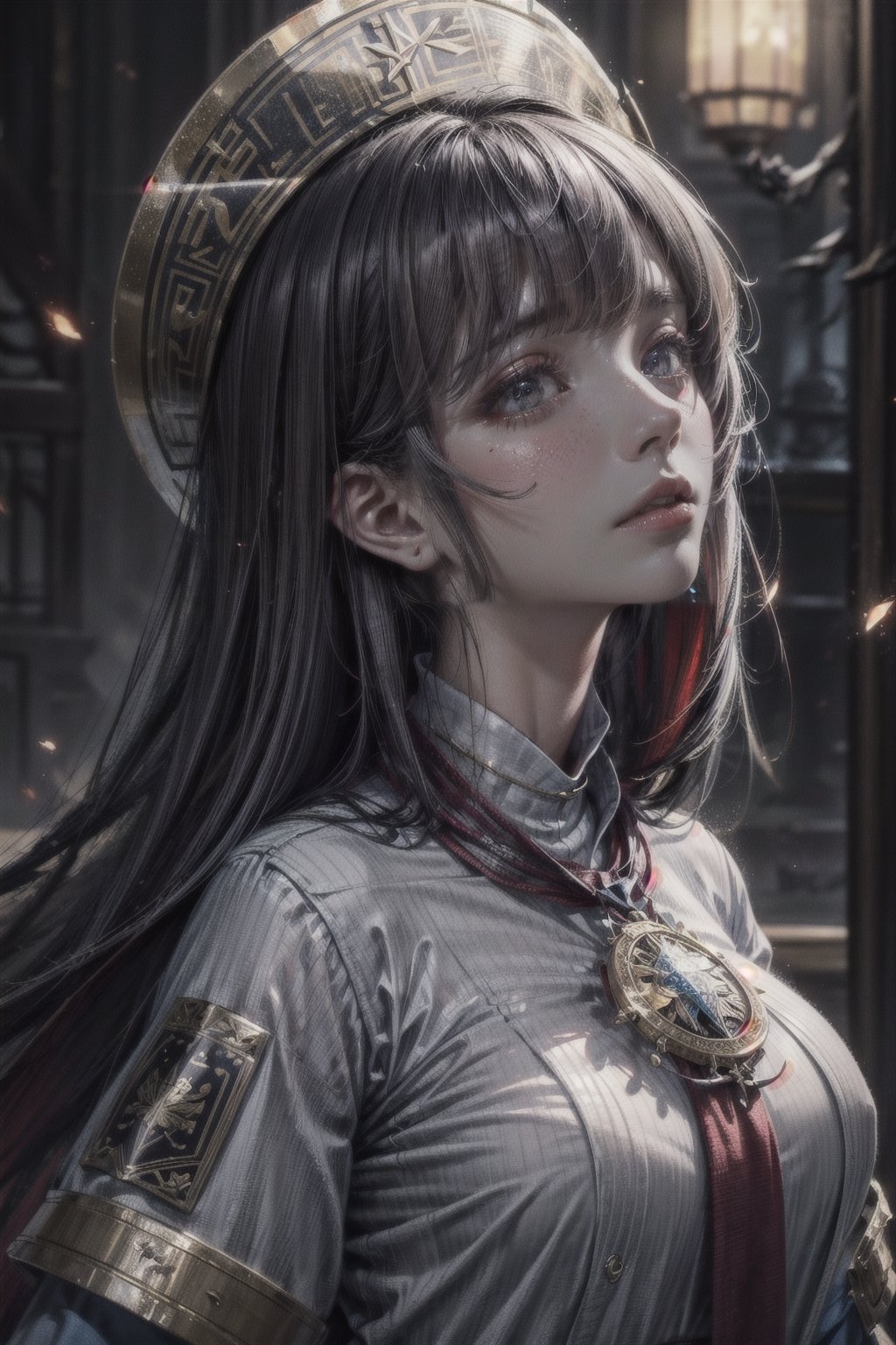 official art, unity 8k wallpaper, ultra detailed, beautiful and aesthetic, masterpiece, ultra quality, ultra detailed, expressions, dark background and foggy particles, extremely detailed, vivid colours, atmospheric, (((sophisticated_priestess, closeup))),