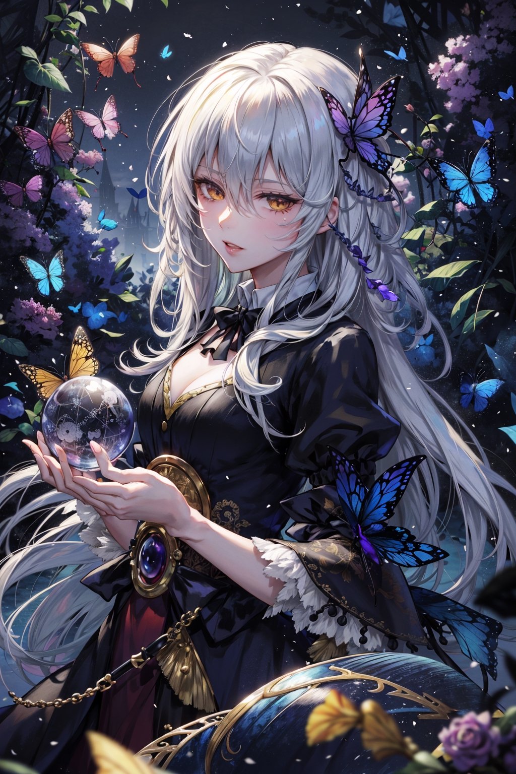 8k, (absurdres, highres, ultra detailed), a woman with long hair holding a crystal ball in her hands and surrounded by butterflies and butterflies around her, Anna Dittmann, anime art, a detailed painting, gothic art, animal, bee, beetle, bird, blue_butterfly, blue_dress, bug, butterfly, butterfly_hair_ornament, butterfly_on_hand, butterfly_print, butterfly_wings, crystal, dragonfly, dress, fairy, glowing_butterfly, hair_between_eyes, hair_ornament, kashiwazaki_sena, leaf, long_hair, long_sleeves, looking_at_animal, looking_at_viewer, origami, own_hands_together, paper_crane, solo, white_butterfly, yellow_butterfly