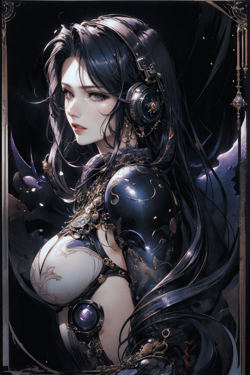 8k, (absurdres, highres, ultra detailed), (1lady), (the personification of gothical), (Luis Royo), (Yoshitaka Amano), (dynamic angle, dynamic pose), (low angle, upper body), (steampunk background), amethyst, emerald