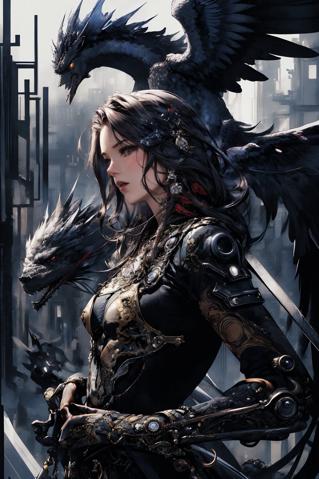 8k, (absurdres, highres, ultra detailed), (1lady), (the personification of pheonix), (Luis Royo), (Yoshitaka Amano), (dynamic angle, dynamic pose), (low angle, upper body), (steampunk background),