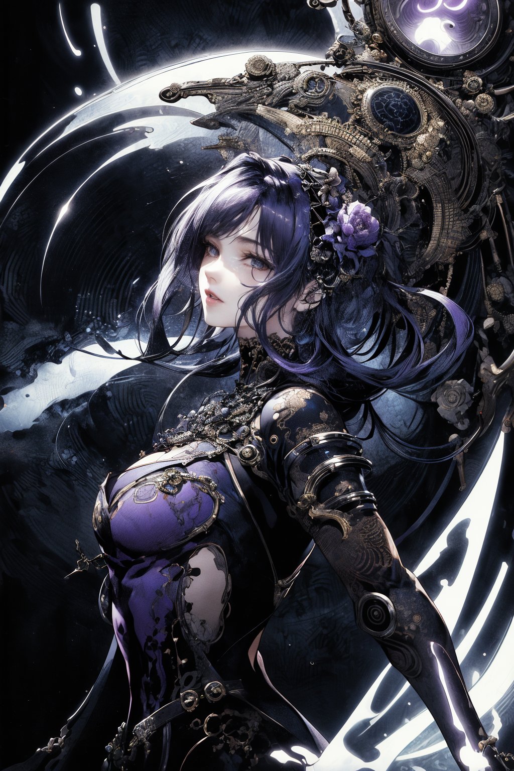 8k, (absurdres, highres, ultra detailed), (1lady), (the personification of gothic ghost), (Luis Royo), (Yoshitaka Amano), (dynamic angle, dynamic pose), (low angle, upper body), (steampunk background), amethyst