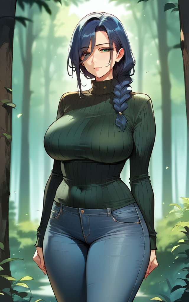 highly detailed, high quality, beautiful, masterpiece, high_quality, score_9, score_8_up, score_7_up, source_anime,full_color,illustration,anime,1girl, forest,

dark green sweater, single braid, dark blue hair, mature_female, jeans, 

,mirham