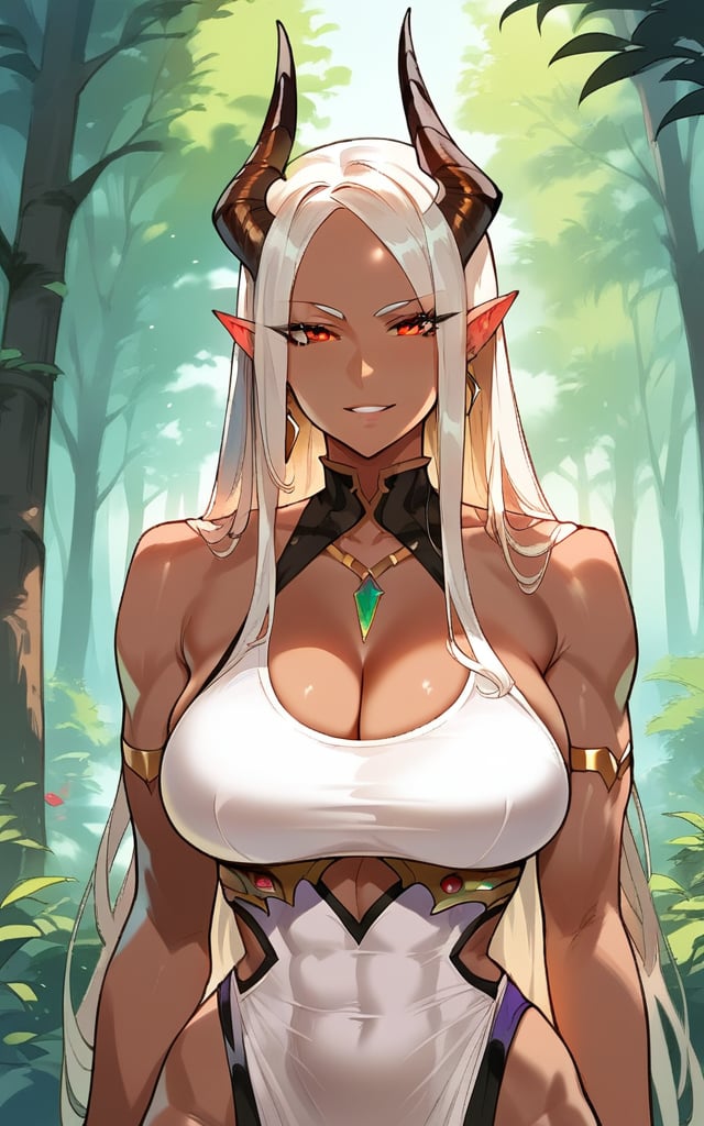 highly detailed, high quality, beautiful, masterpiece, high_quality, score_9, score_8_up, score_7_up, source_anime,full_color,illustration,anime, forest, 
 demon, 1girl, horns, brown skin,
,mirham