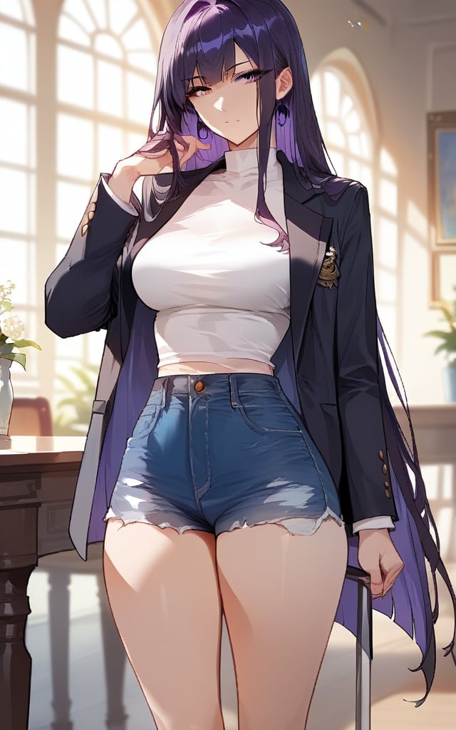 highly detailed, high quality, beautiful, masterpiece, high_quality, score_9, score_8_up, score_7_up, source_anime,full_color,illustration,anime,1girl,

white top, black blazer, hime hair, dark purple hair, jeans mini shorts,

,mirham