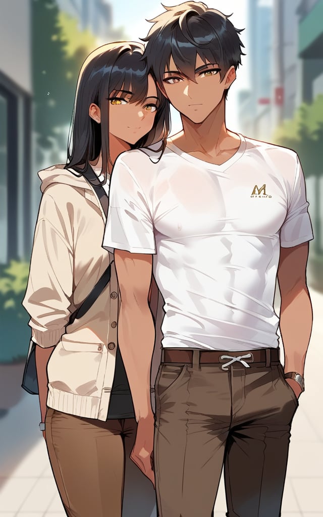 highly detailed, high quality, beautiful, masterpiece, high_quality, score_9, score_8_up, score_7_up, source_anime,full_color,illustration,anime,blurred background,

1boy, asthetic,cardigan, white t-shirt, brown pants, black hair, tanned

,mirham