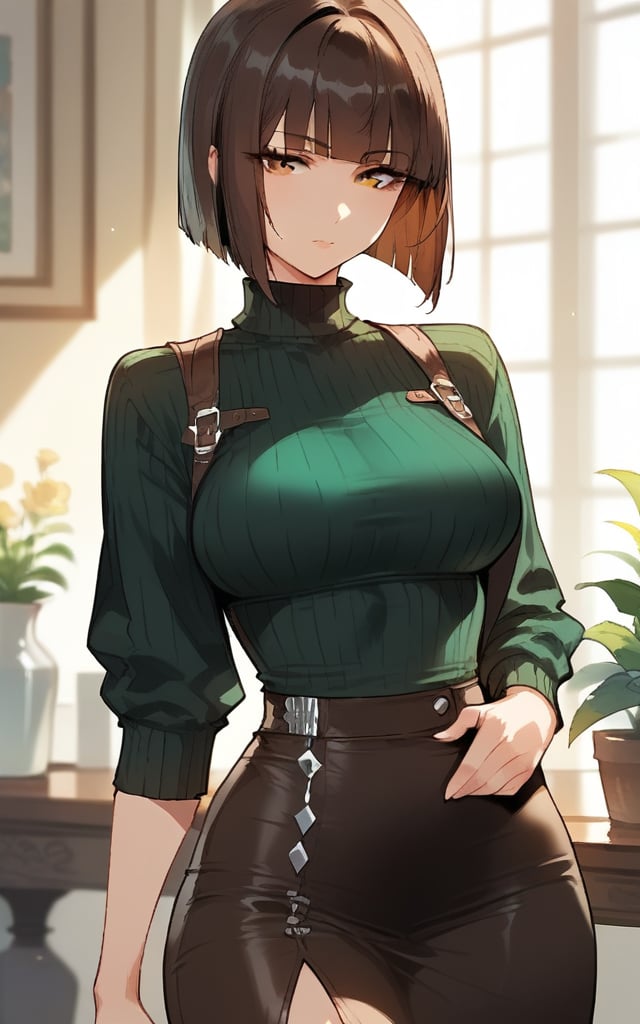 highly detailed, high quality, beautiful, masterpiece, high_quality, score_9, score_8_up, score_7_up, source_anime,full_color,illustration,anime,1girl,

dark green sweater, long hair,hime cut,bob cut,sidelocks,low tied hair,, dark brown hair, dark brown skirt, white_skin

,mirham