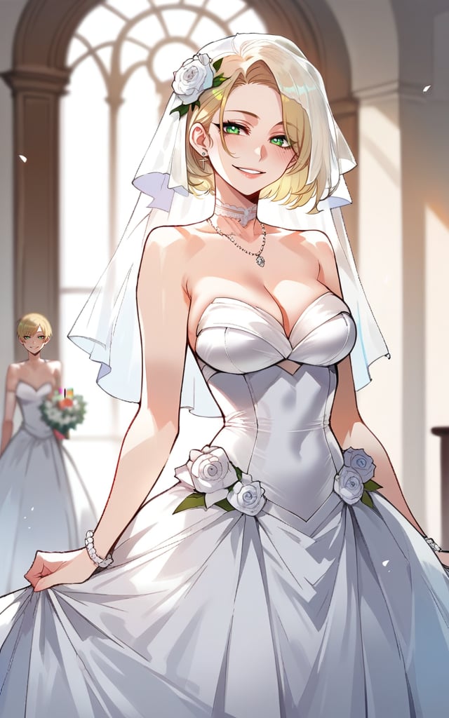 highly detailed, high quality, beautiful, masterpiece, high_quality, score_9, score_8_up, score_7_up, source_anime,full_color,illustration,anime,1girl, wedding,

bobcut,short hair, braid, (blond), white_skin, wedding dress
