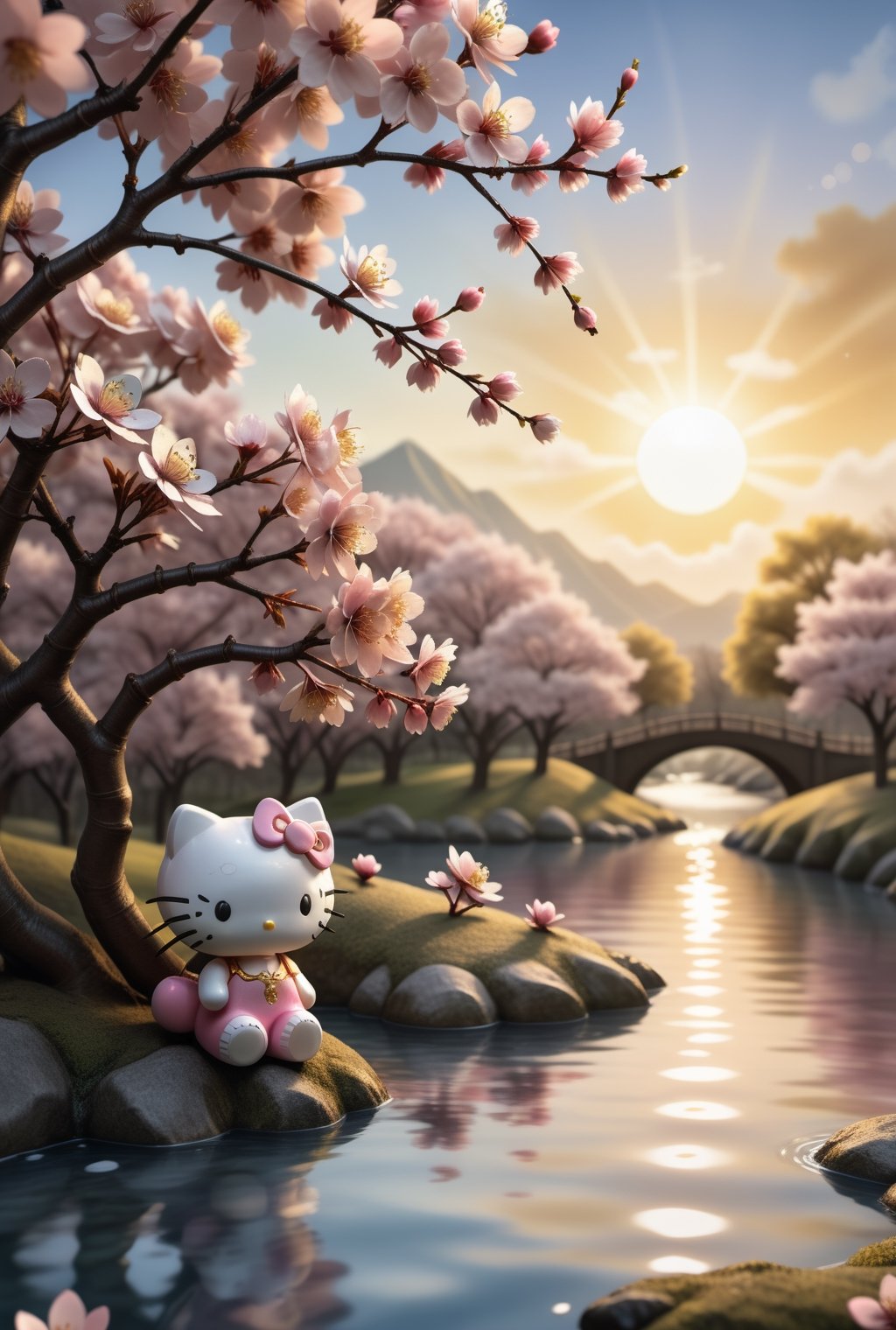 Beautiful Hello Kitty in the golden hour, depicted in 3D illustration, paper weaving through a cherry blossom creek and tree. Soft colors, cumulus clouds, a large sun setting over the cherry blossom creek, fine gold lines serving as a border with an alcohol ink effect, sprinkled with glitter, and soft colors.