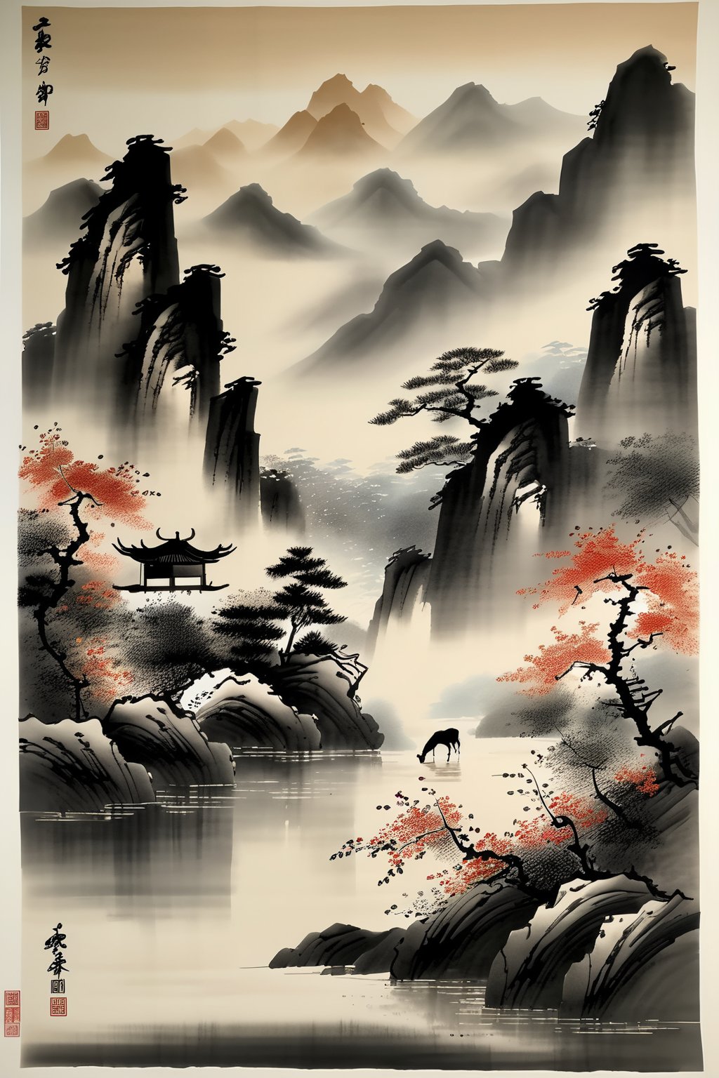 Design a Chinese ink painting with stark contrasts of light and shadow, revealing the simple beauty of wild flowers, and the couple's journey embodying the tranquility and nobility of the natural world. The couple's form depicts precise, nuanced representation, and their journey evokes humility and reverence for the realist tradition.