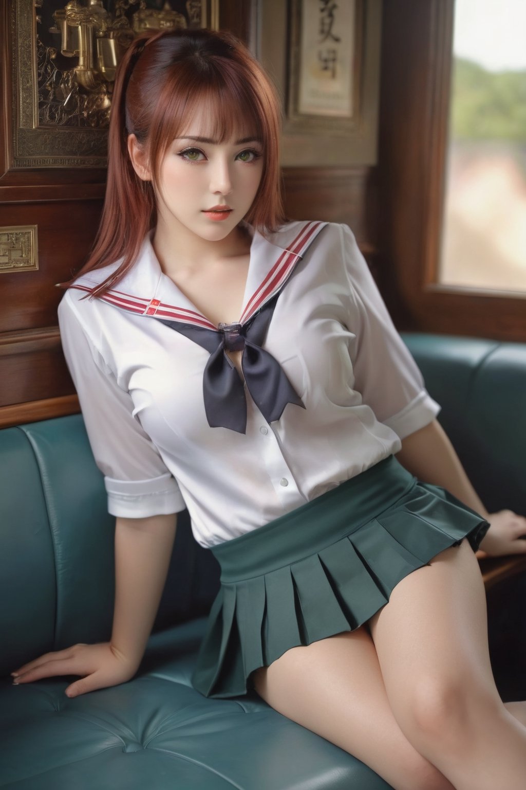 3D HDR highly detailed, Intricate sultry sexy beautiful woman wearing a intricate Japanese Kawaii School Girl JK Uniform Sexy Women Underwear Cheerleading Student , perfect proportions reclining in her beautiful luxurious boude with hyperelastic red hair, Buxom, r, alluring, ecstatic, half closed green eyes, gothic, Proportional Anatomy, hyperrealistic, hyper detailed, photorealistic, incredible composition, amazing depth, imposing, meticulously composed, 16k resolution concept art, fantasy magazine cover art, realistic oil paintings, Serge Marshennikov, Luis Royo, 