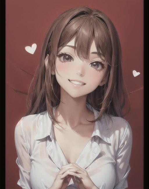 masterpiece, anime style, chibi, illustrated logo, medium short shot, head tilted three quarters, emote for twitch of a girl, medium dark brown eyes, dark brown hair, wearing silk blouse, long hair to chest, smiling, proud, making a heart with hands,milokk