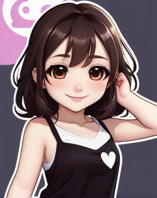 masterpiece, anime style, chibi, illustrated logo, medium short shot, head tilted three quarters, emote for twitch of a girl, medium dark brown eyes, dark brown hair, wearing camisole, long hair to chest, smiling, proud, making a heart with hands,milokk