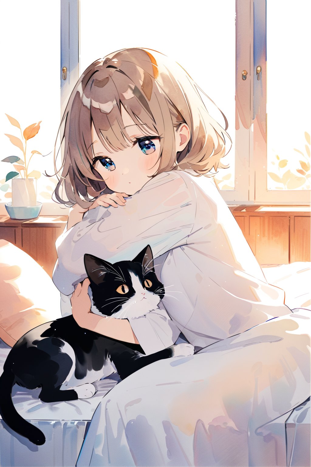 Transparent watercolor painting, minimalist art, the background is a room, a cute 5-year-old girl with big eyes is hugging a cat and kissing on the bed, warm atmosphere, high quality