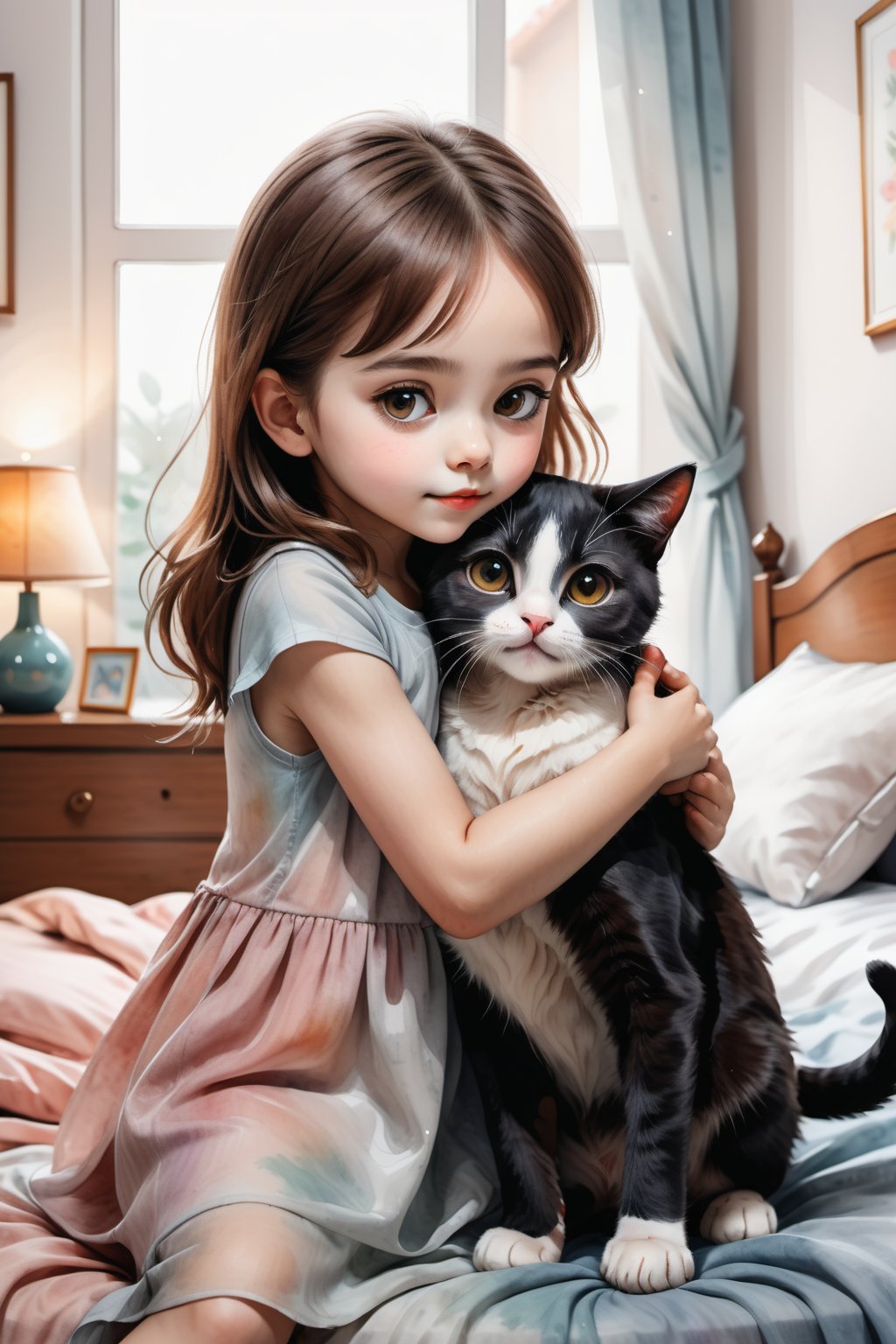 Transparent watercolor painting, minimalist art, the background is a room, a cute 5-year-old girl with big eyes is hugging a cat and kissing on the bed, warm atmosphere, high quality