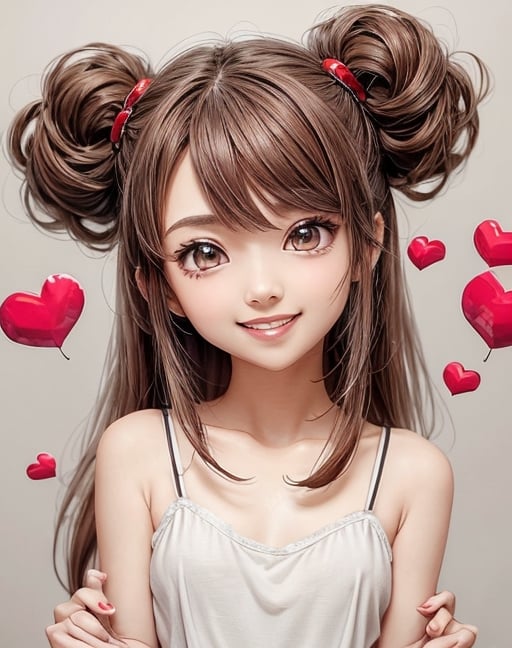 masterpiece, anime style, chibi, illustrated logo, medium short shot, head tilted three quarters, emote for twitch of a girl, medium dark brown eyes, dark brown hair, wearing camisole, long hair to chest, smiling, proud, making a heart with hands,milokk,xxmixgirl