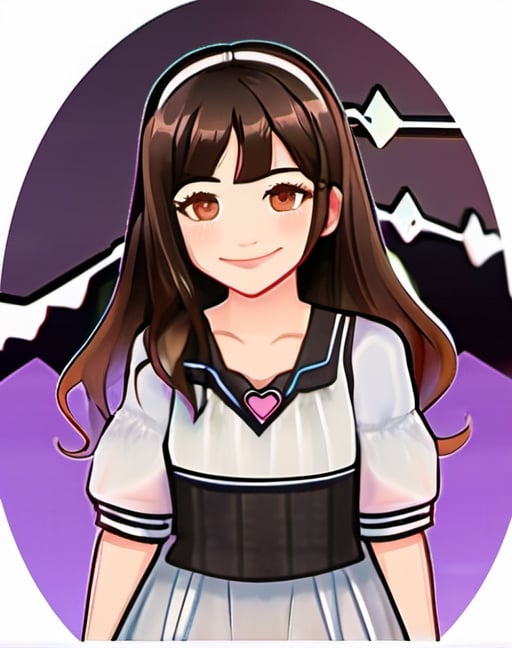 masterpiece, anime style, chibi, illustrated logo, medium short shot, head tilted three quarters, emote for twitch of a girl, medium dark brown eyes, dark brown hair, wearing camisole, long hair to chest, smiling, proud, making a heart with hands,milokk,xxmixgirl