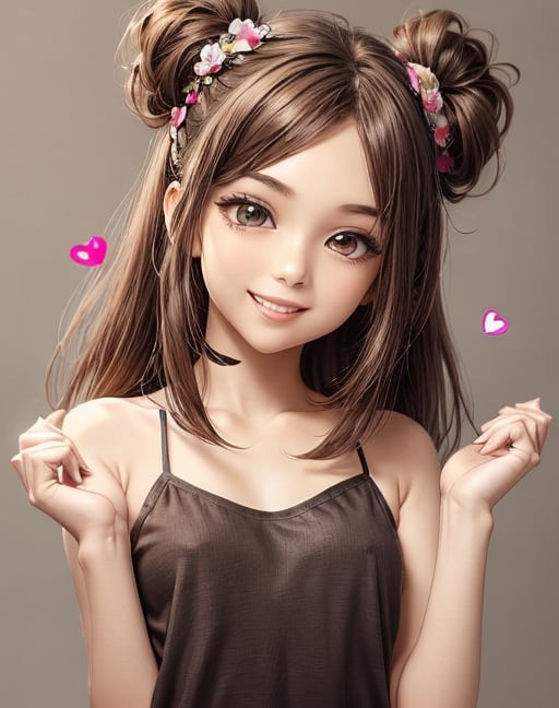 masterpiece, anime style, chibi, illustrated logo, medium short shot, head tilted three quarters, emote for twitch of a girl, medium dark brown eyes, dark brown hair, wearing camisole, long hair to chest, smiling, proud, making a heart with hands,milokk,xxmixgirl