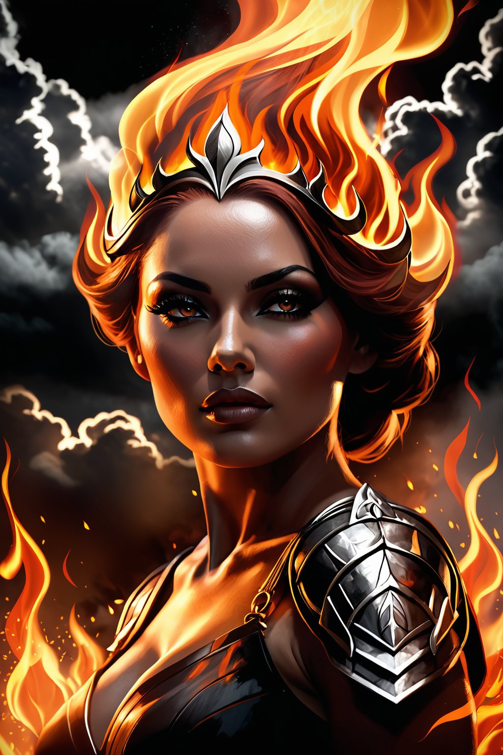 A burning woman's head with dark clouds around it, surrounded by flames, with a background of a black sky and smoke. It features high contrast between light and shadow, creating an epic atmosphere. The use of movie lighting creates a strong visual impact. In the style of realistic rendering, with detailed character design in dark orange and gray tones, and a symmetrical composition creating a symphonic mood.