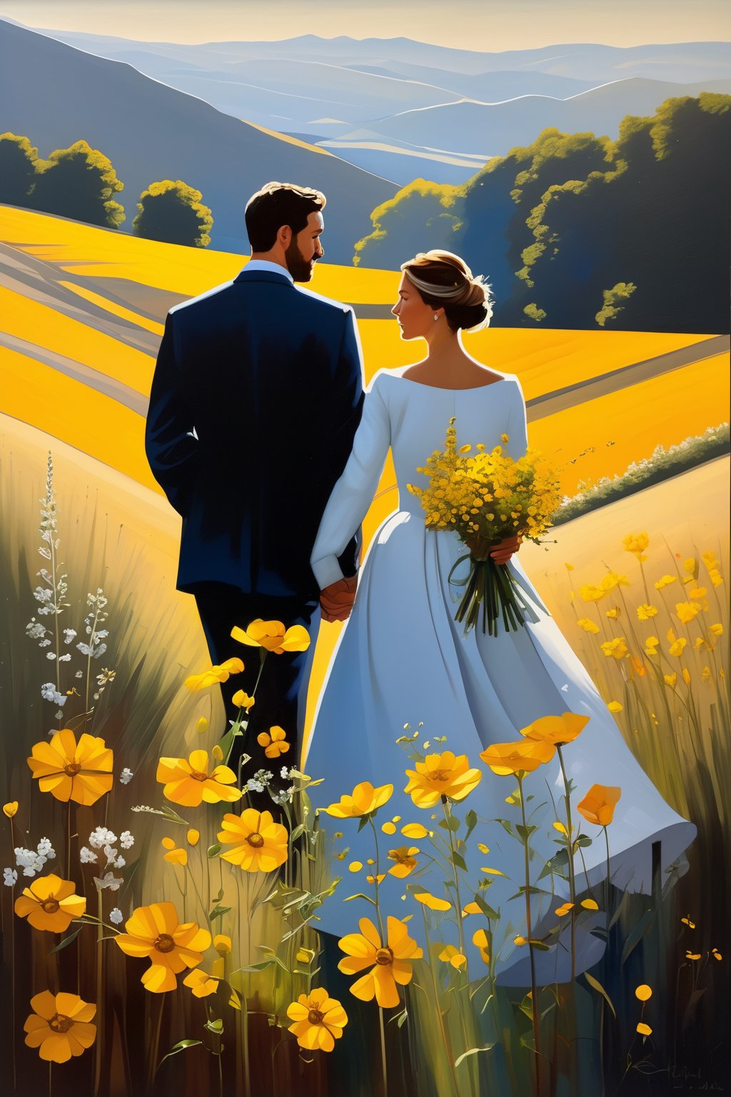 Design an oil painting with stark contrasts of light and shadow to reveal the simple beauty of wild flowers, and the couple's journey to reflect the tranquility and nobility of the natural world. The couple's form depicts precise, nuanced representation, and their journey evokes humility and reverence for the realist tradition.