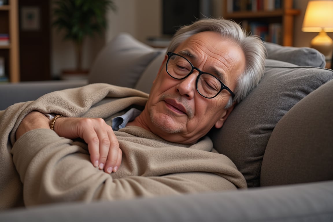 An older man was dozing on the sofa with a blanket covering him. His head rested on his hands, his mouth opened, and saliva flowed from the corners of his mouth. Wearing glasses and gray hair, he looked natural and relaxed. Warm and soft colors