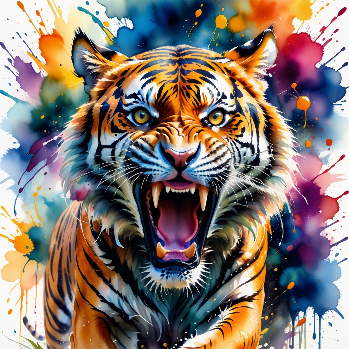 A wild tiger is roaring fiercely, charging directly towards the camera with a fierce expression. The imagery is captured in a dynamic watercolor style, showcasing vibrant colors and fluid strokes. Splashes and splatters around the tiger indicate its rapid movement and wild energy. The details of the body are particularly rich, with vivid colors to emphasize its impressive size and regal demeanor., 