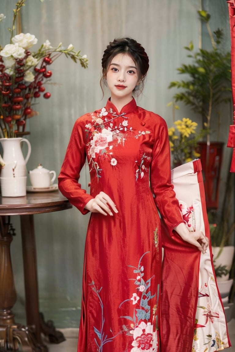 1girl, solo, short hair, black hair, , indoors, chair, floral print, table, plant, hand fan, red aodai,aodaicuoi,perfect