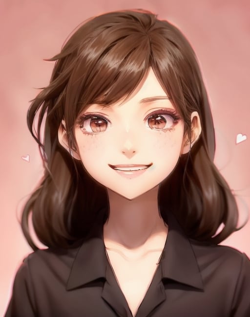 masterpiece, anime style, chibi, illustrated logo, medium short shot, head tilted three quarters, emote for twitch of a girl, medium dark brown eyes, dark brown hair, wearing silk blouse, long hair to chest, smiling, proud, making a heart with hands,milokk